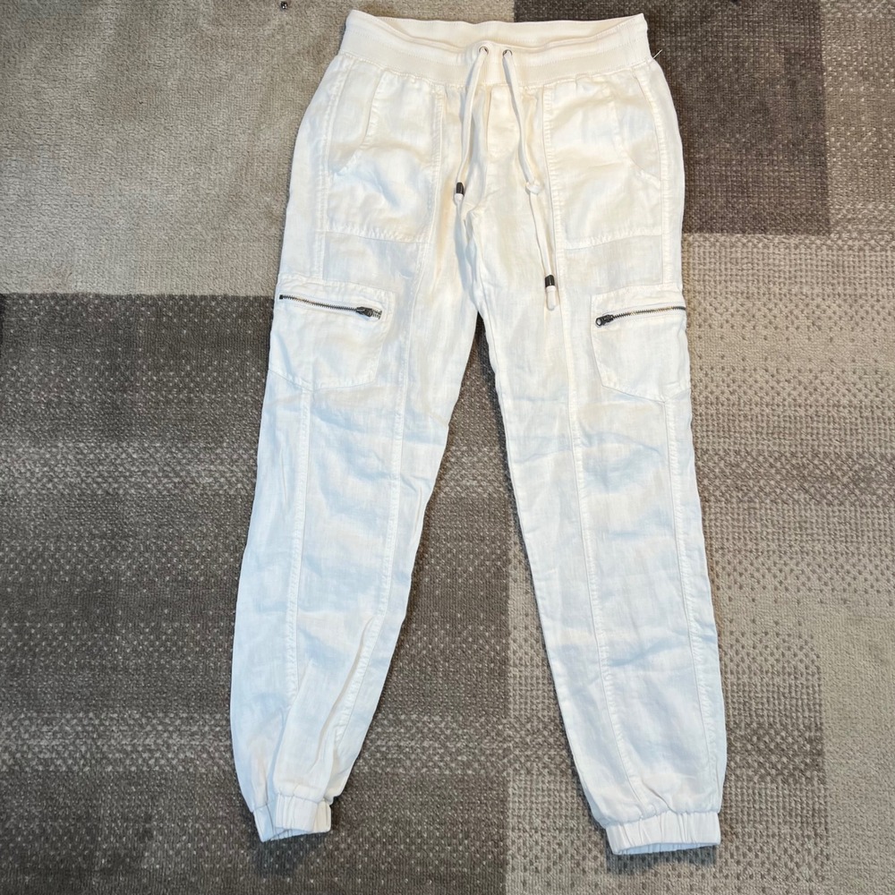 Athleta White 100% Linen Cargo Jogger Pants Womens Size 4 Drawstring Utility